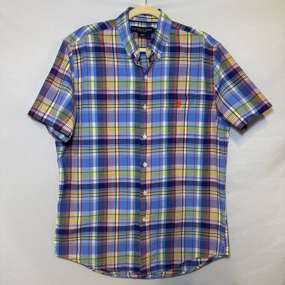 US Polo Assn Button Blue Down Blue Short Sleeve Shirt Pony Logo Size Medium